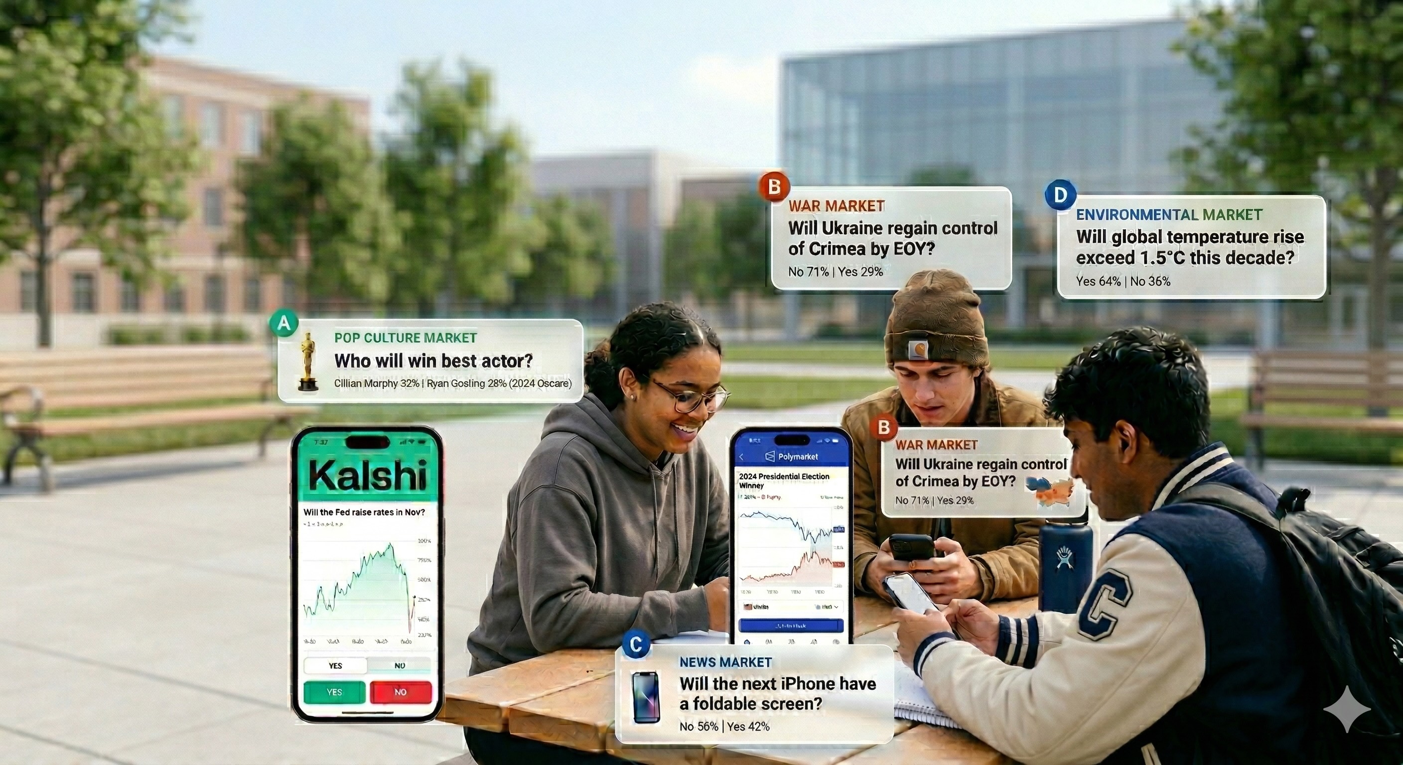 Students using prediction market apps like Kalshi and Polymarket on their phones at an outdoor table