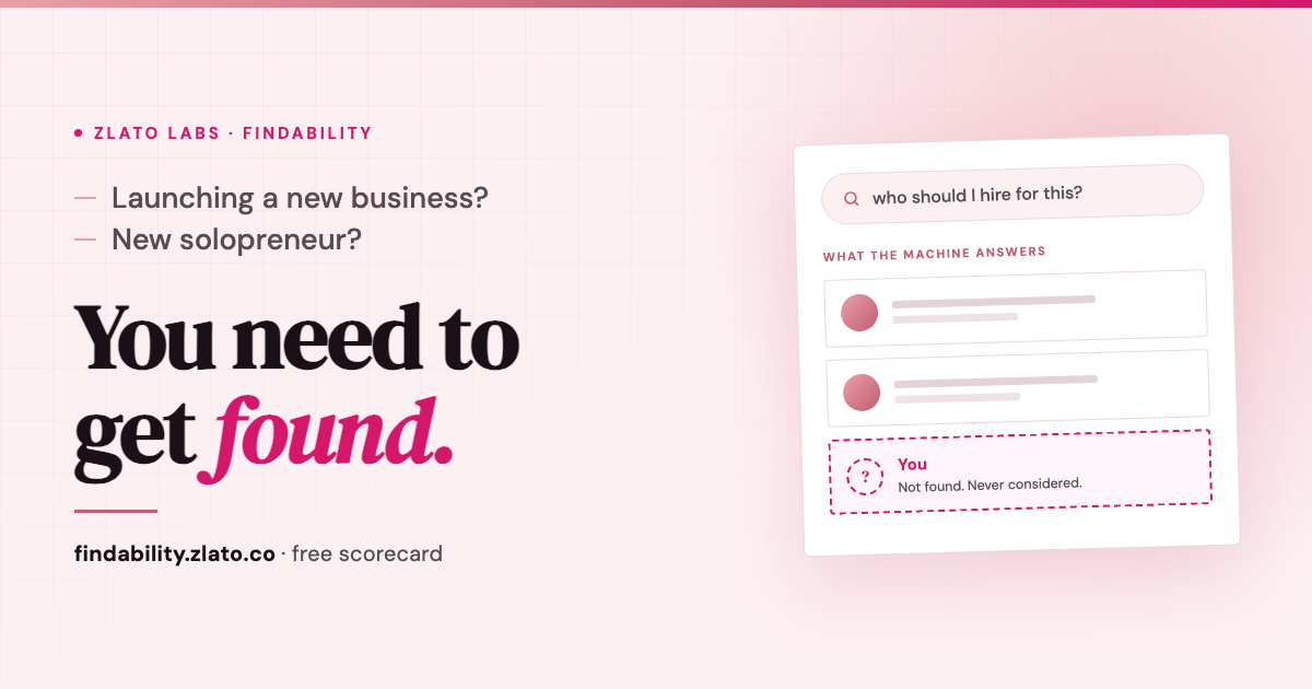 Launching a new business? New solopreneur? You need to get found. A mock answer-engine result card shows two businesses listed and a third slot, marked You, left empty and never considered.