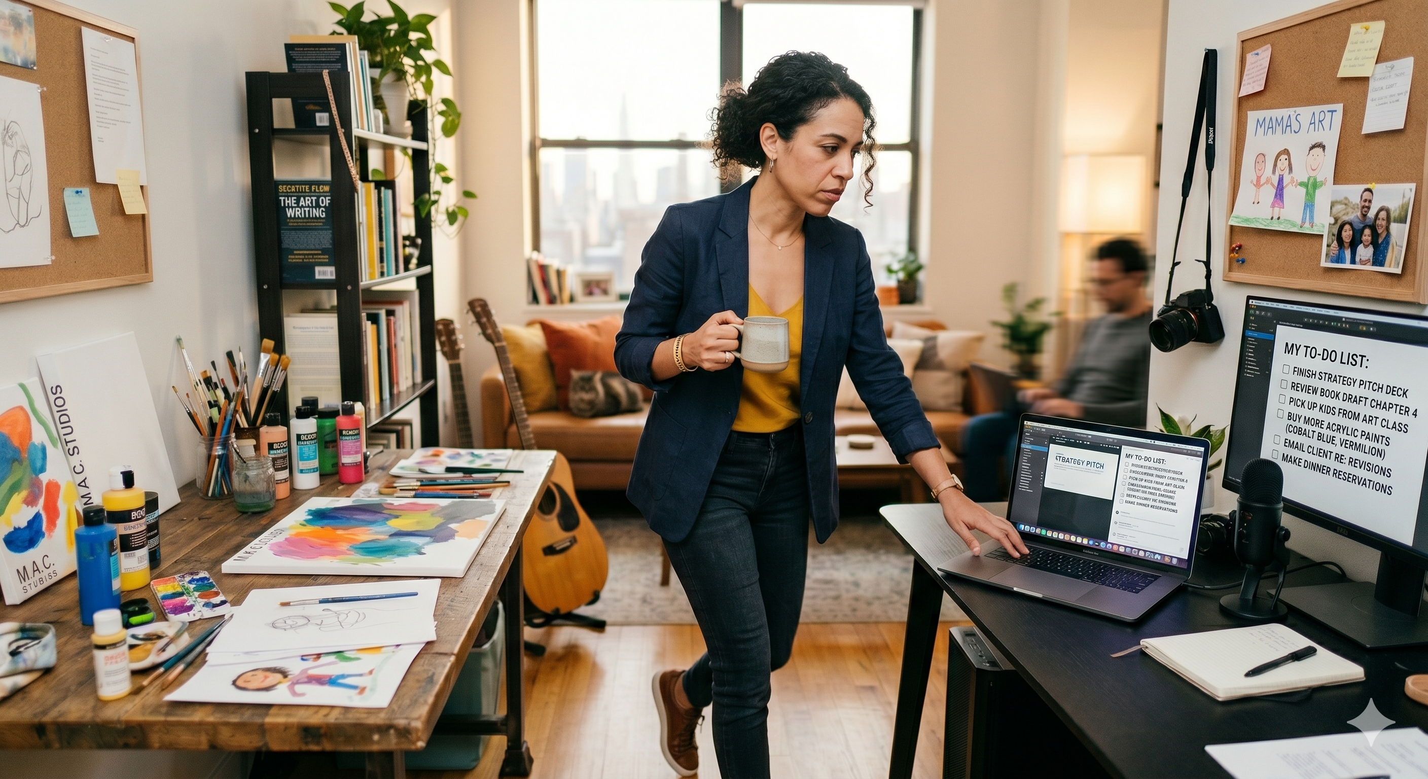 A woman in a creative workspace managing multiple roles
