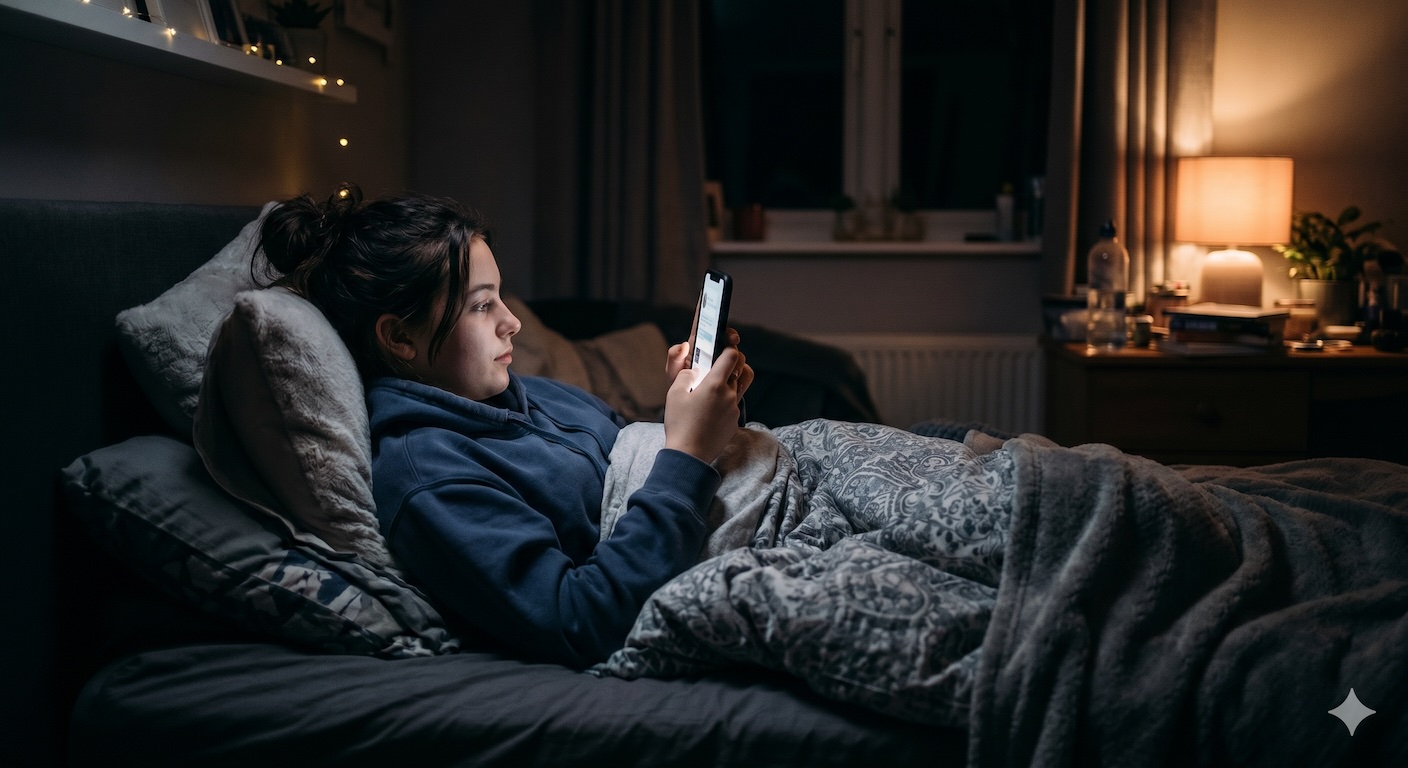Teenager looking at phone screen in dimly lit bedroom at night