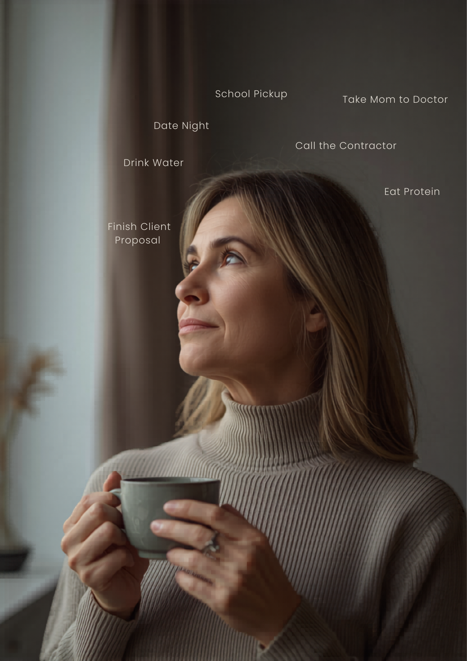 A woman sits in her kitchen with a cup of coffee, surrounded by floating holographic notes — grocery list, the kids' appointments, mortgage and bills, piano lessons, a partner's flight, the bake sale — the invisible mental load made visible.